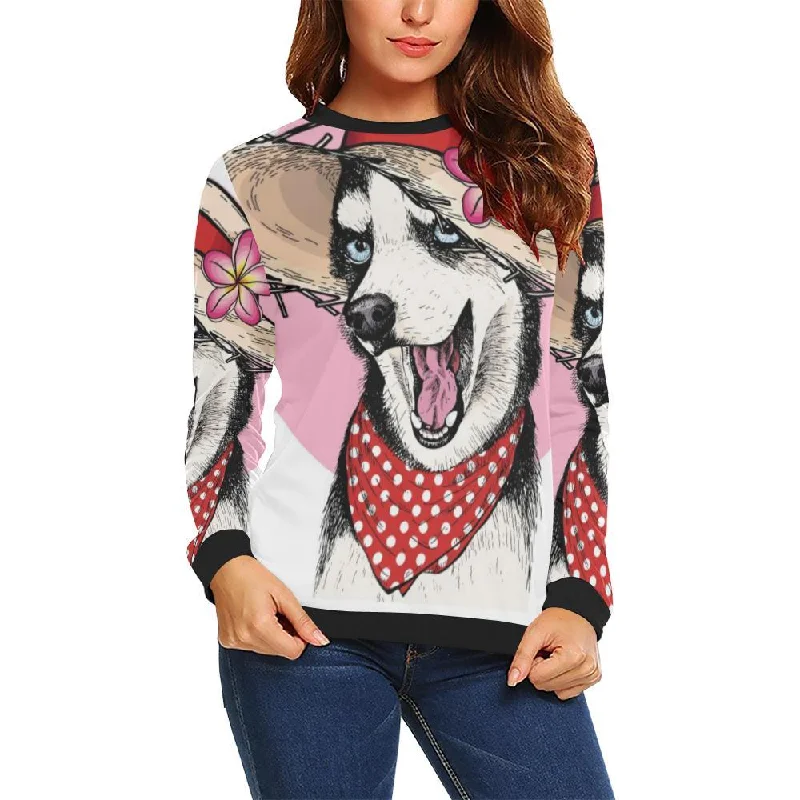Siberian Husky Hat Print Women Crewneck Sweatshirt Comfortable sweaters for all seasons Siberian Husky Hat Print Women Crewneck Sweatshirt Comfortable sweaters for all seasons