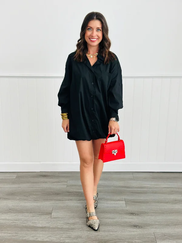 Black Bubble Hem Mini Shirt Dress (Reg) Satin mini dresses