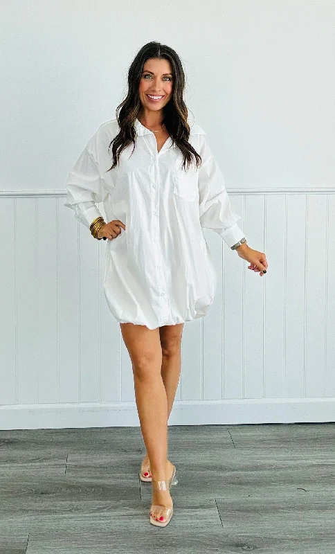 White Bubble Hem Mini Shirt Dress (Reg) Chiffon mini dresses