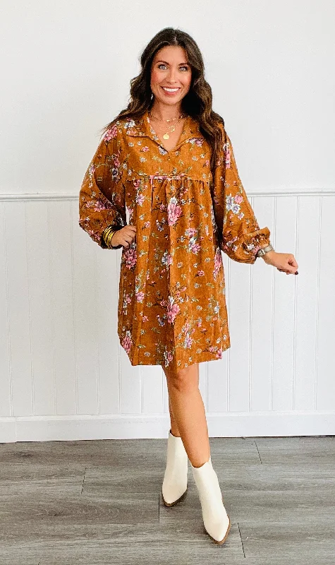 Camel Floral Mix Mini Dress (Reg & Plus) Clubbing mini dresses