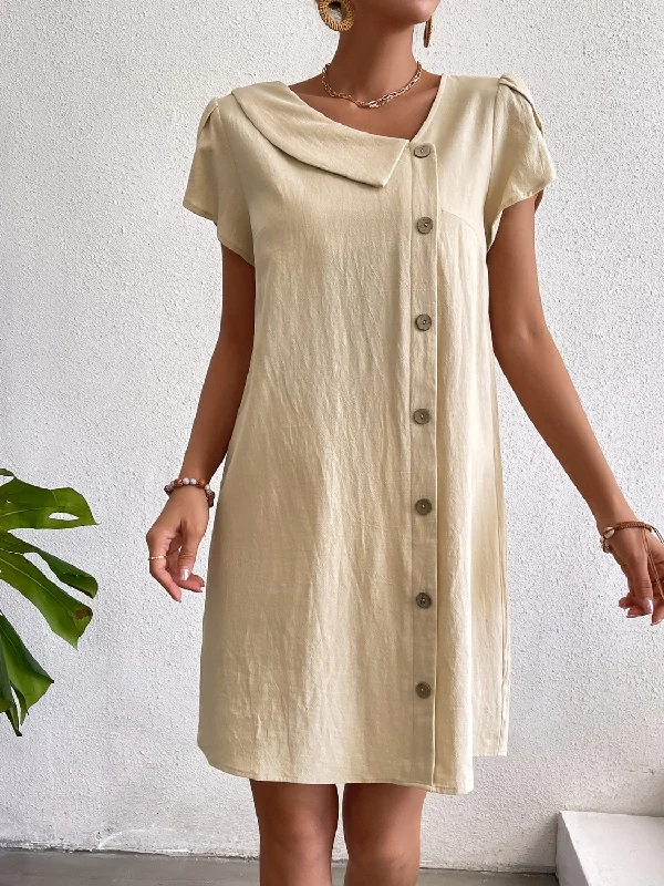 Decorative Button Asymmetrical Neck Short Sleeve Dress Fall mini dresses