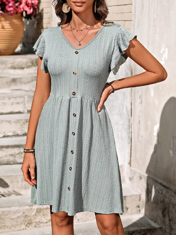 Decorative Button Ruffled V-Neck Dress Velvet mini dresses