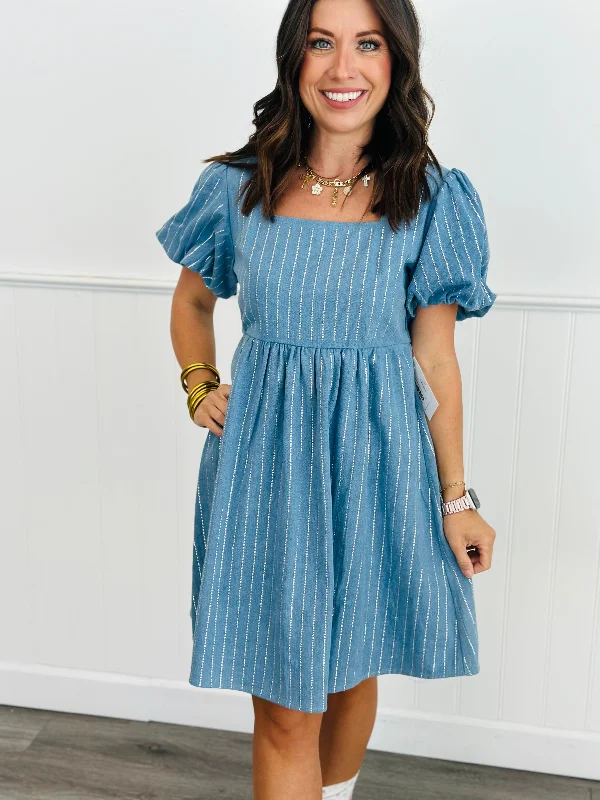 Denim Rhinestone Stripes Mini Dress (Reg.) Anniversary mini dresses