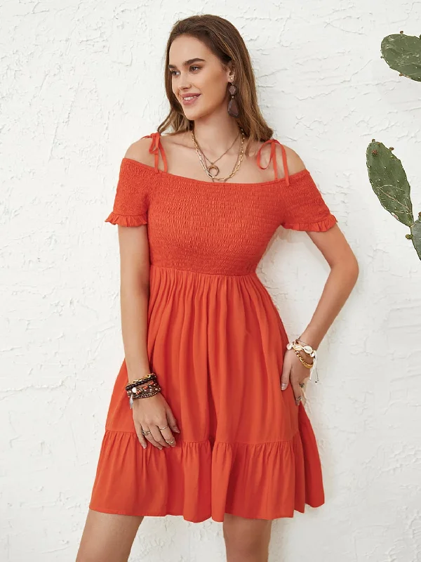 Smocked Spaghetti Strap Short Sleeve Dress A-line mini dresses