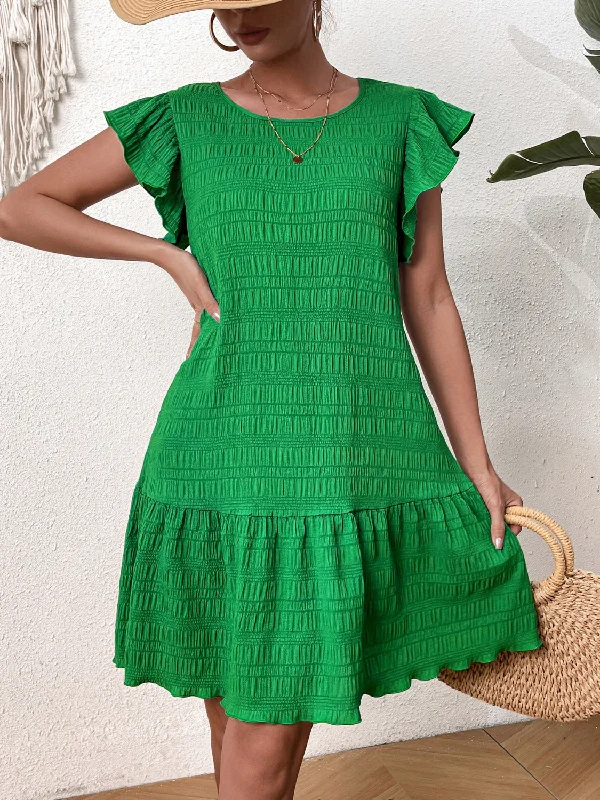 Textured Round Neck Ruffle Hem Dress New Year's Eve mini dresses