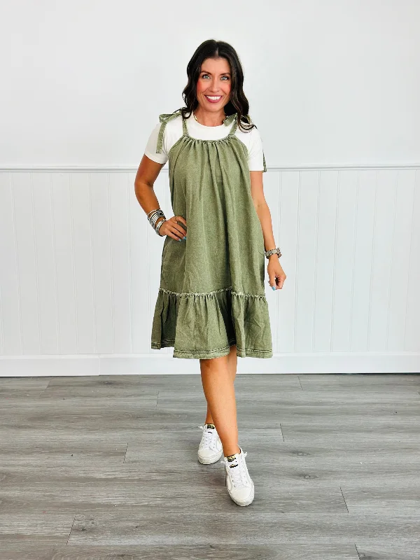 Washed Light Olive Tie Shoulder Mini Dress (Reg. and Plus) PrettyLittleThing mini dresses