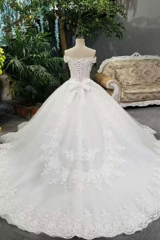 Hot Selling Wedding Dresses Lace Up With Appliques And Sequins And Bow Knot Off The Shoulder Elegant Lace Gown Hot Selling Wedding Dresses Lace Up With Appliques And Sequins And Bow Knot Off The Shoulder Elegant Lace Gown