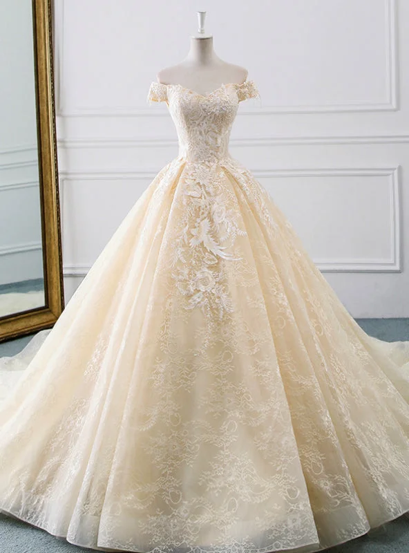 Champagne Ball Gown Tulle Lace Appliques Wedding Dress With Train Full Skirt Wedding Champagne Ball Gown Tulle Lace Appliques Wedding Dress With Train Full Skirt Wedding