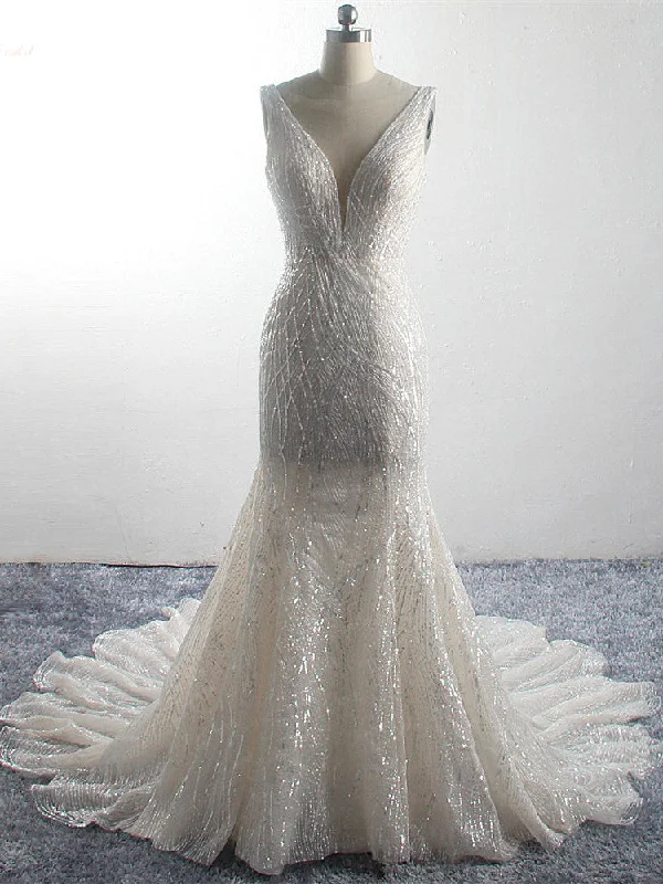 V-neck Long Mermaid Shiny Wedding Dresses, Saprkle Long Bridal Gown, 2021 Wedding Dresses Elegant Bridal Gown V-neck Long Mermaid Shiny Wedding Dresses, Saprkle Long Bridal Gown, 2021 Wedding Dresses Elegant Bridal Gown