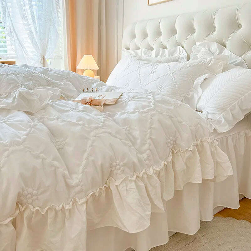 100% Cotton Korean Princess Solid White Bedding Sets Ruffle Bedspread Flower Embroidered Duvet Cover Bed Skirt Pillowcases Winter unclassified skirts 100% Cotton Korean Princess Solid White Bedding Sets Ruffle Bedspread Flower Embroidered Duvet Cover Bed Skirt Pillowcases Winter unclassified skirts