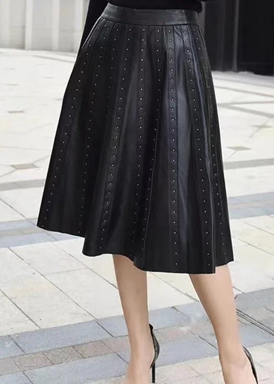 Chic Black Wrinkled Rivet High Waist Sheepskin Skirts Spring Casual chic unclassified skirts Chic Black Wrinkled Rivet High Waist Sheepskin Skirts Spring Casual chic unclassified skirts