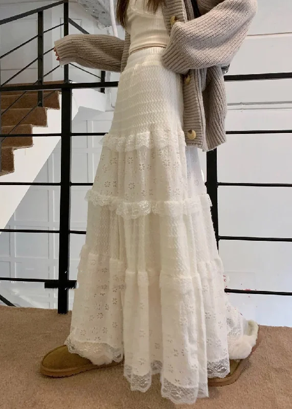 French Beige Hollow Out High Waist Lace Skirt Spring Lace unclassified skirts