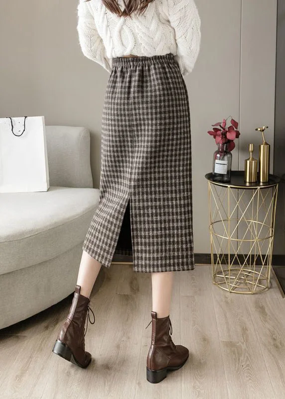 French Coffee Plaid Side Open Elastic Waist Woolen Skirts Spring Cotton unclassified skirts French Coffee Plaid Side Open Elastic Waist Woolen Skirts Spring Cotton unclassified skirts