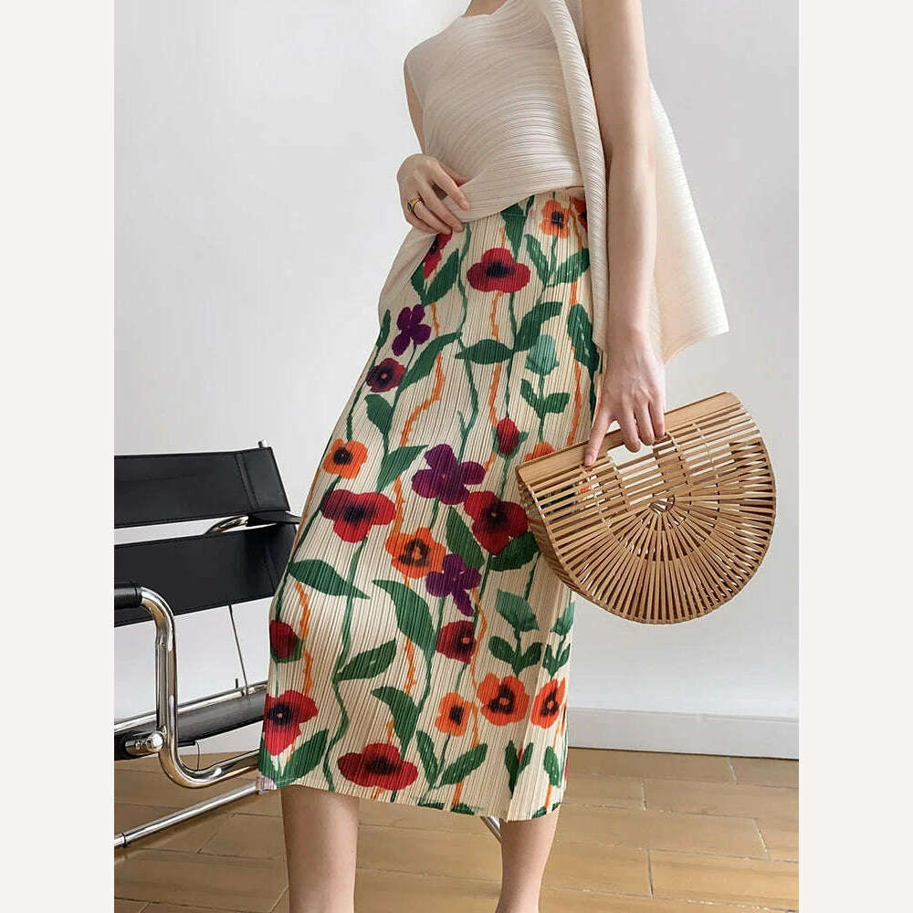 Miyake Pleats Flower Printed Skirt High Waist Slit Straight Women 2023 Spring Summer New Korean Fashion Causal Designer Clothes Tiered unclassified skirts Miyake Pleats Flower Printed Skirt High Waist Slit Straight Women 2023 Spring Summer New Korean Fashion Causal Designer Clothes Tiered unclassified skirts