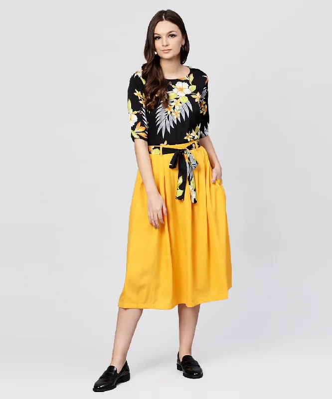 NOZ2TOZ Black Printed Half Sleeve Tops With Yellow Calf Length Skirt With Belt Summer unclassified skirts NOZ2TOZ Black Printed Half Sleeve Tops With Yellow Calf Length Skirt With Belt Summer unclassified skirts