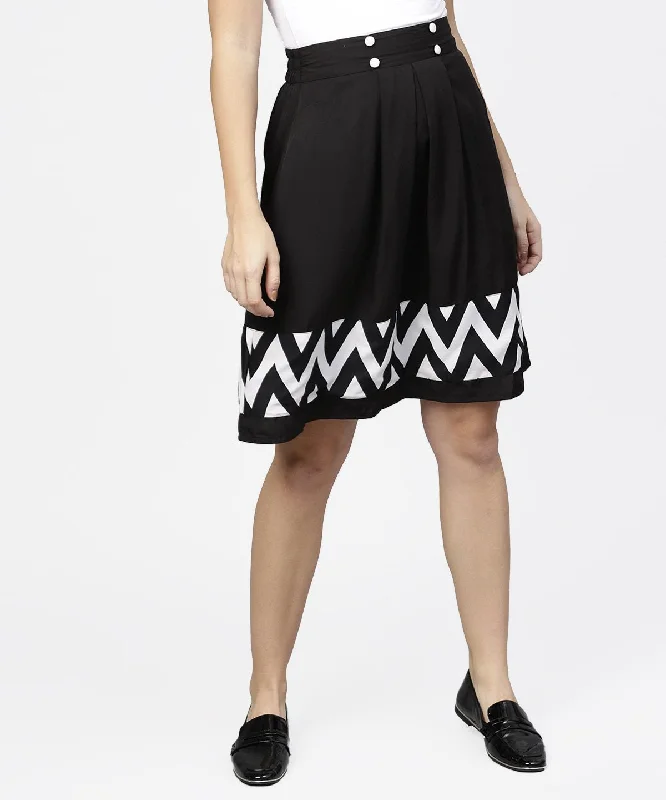 NOZ2TOZ Black & White Printed Flared Skirt With Button Embroidered unclassified skirts NOZ2TOZ Black & White Printed Flared Skirt With Button Embroidered unclassified skirts