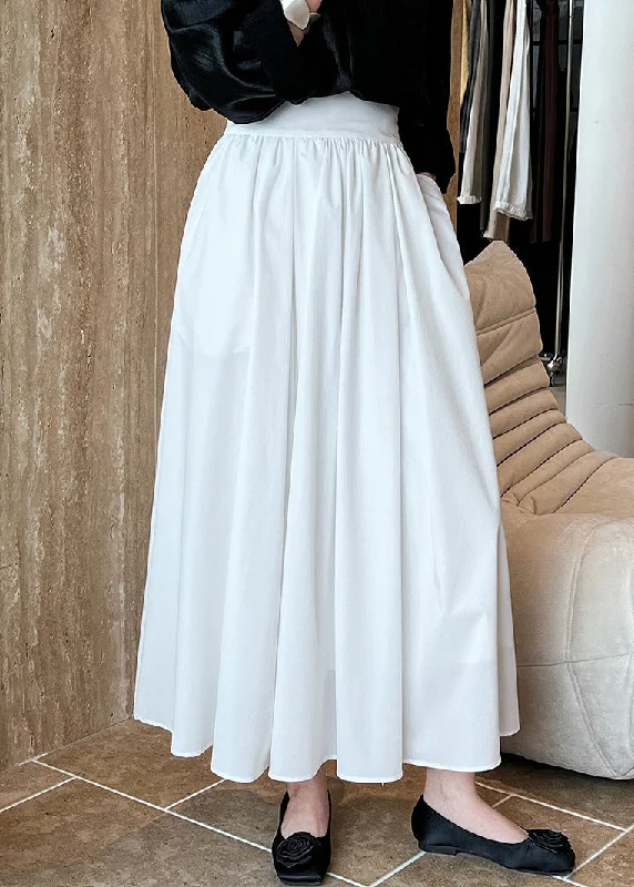 White Solid Pockets Cotton Pleated Skirt High Waist Pencil unclassified skirts