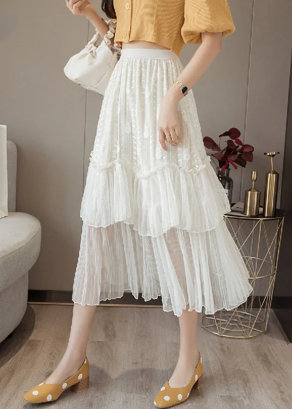 Women White Ruffled High Waist Chiffon Skirt Summer Festival unclassified skirts