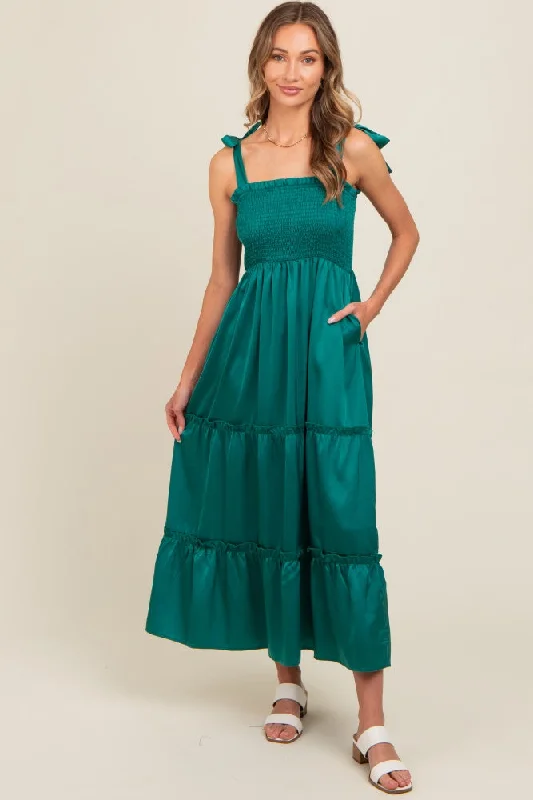 Forest Green Satin Smocked Maxi Dress Cute floral print maxi dresses