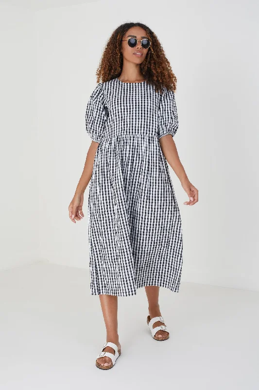 BLACK GINGHAM PRINT MIDI LENGTH WOVEN DRESS Shein midi dresses