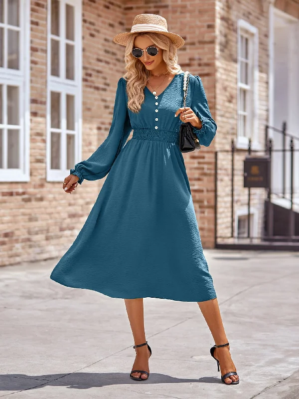 Buttoned V-Neck Flounce Sleeve Midi Dress Knitted midi dresses