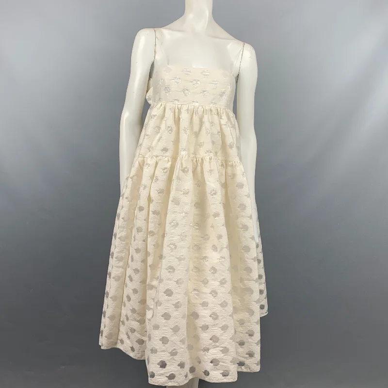 CECILIE BAHNSEN AW 19 Size 4 Off White Cotton / Polyester Sofie Floral-Jacquard Devoré Midi Dress Denim midi dresses