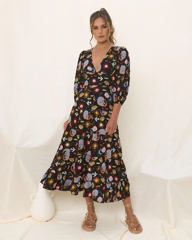 Celestia Black Abstract Sun and Moon Midi Dress Goth midi dresses