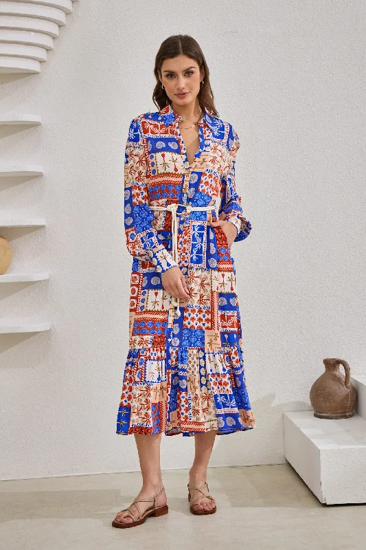 Cordelia Blue Abstract Patchwork Belted Midi Dress Graduation midi dresses