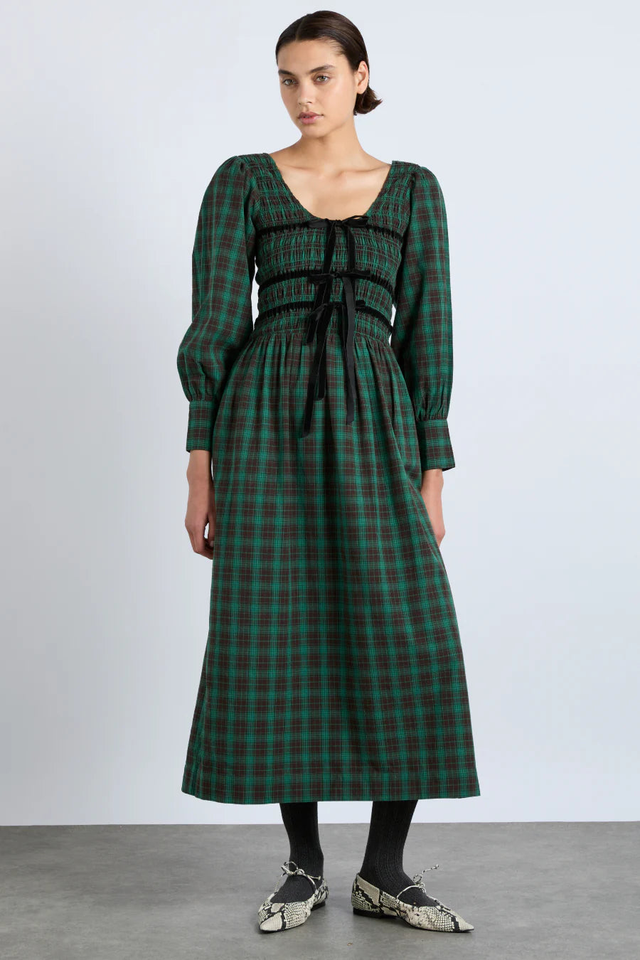 Elle Shirred Midi Dress Green Check Fashion-forward midi dresses