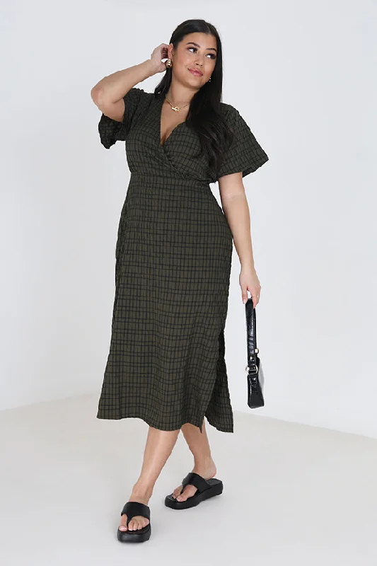 KHAKI AND BLACK CHECK PLUS SIZE MIDI DRESS Minimalist midi dresses