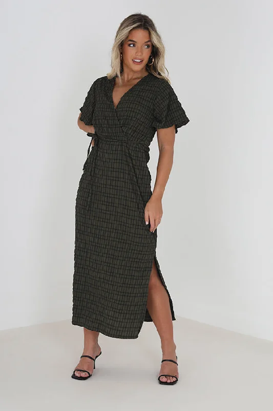 KHAKI/BLACK V-NECK TIE BACK MIDI DRESSS Holiday midi dresses