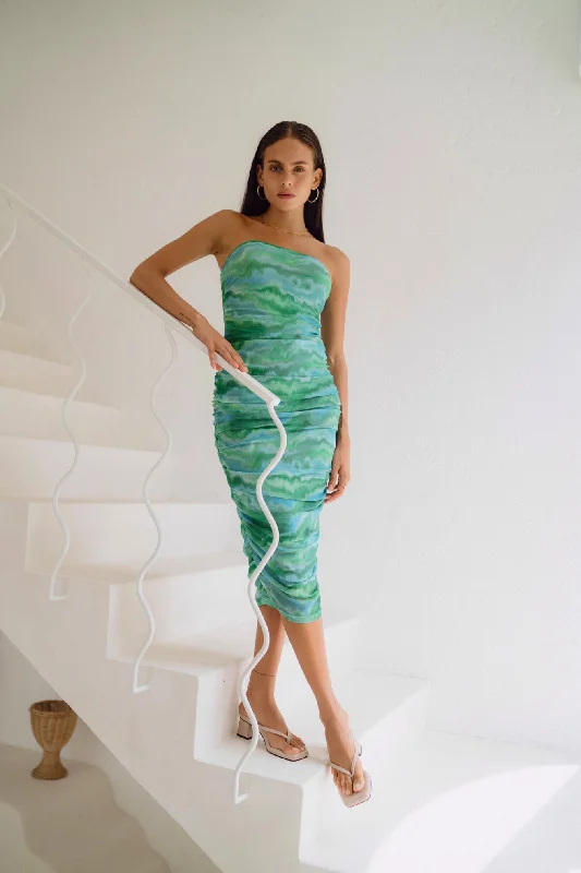 Kylie Green Abstract Mesh Ruched Bodycon Midi Dress Sequin midi dresses