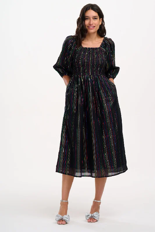 Lillian Shirred Midi Dress Black Metallic Rainbow Cute floral print midi dresses