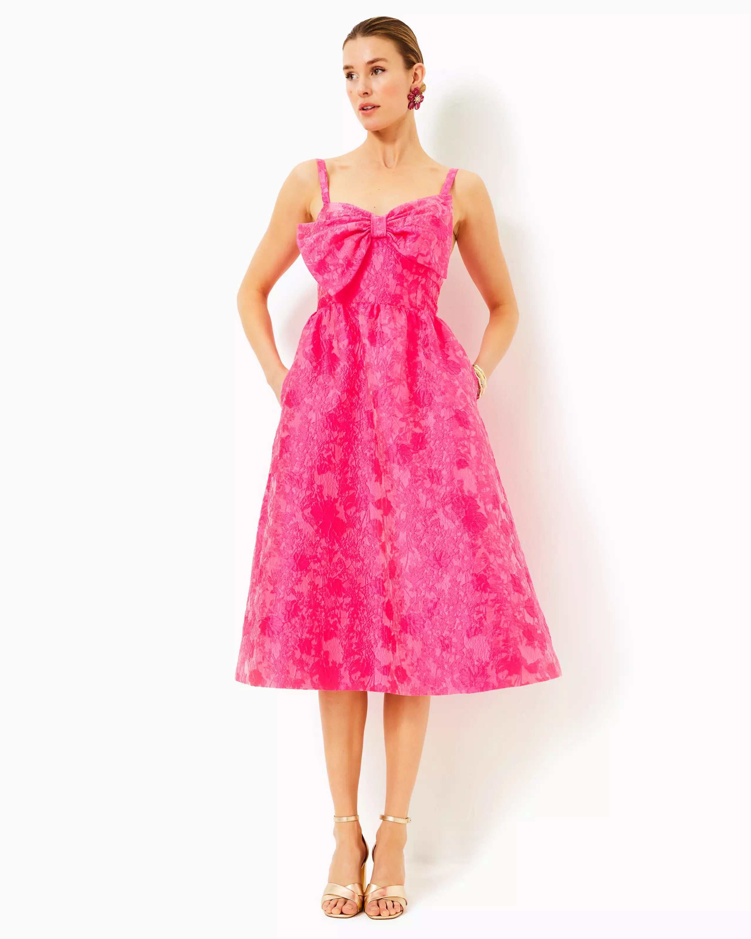 Ellara Jacquard Midi Bow Dress (Leaf An Impression) Cotton midi dresses