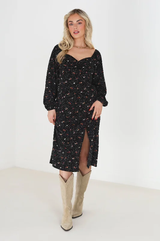 LONG SLEEVE GATHERED BUST FLORAL MIDI DRESS Comfortable midi dresses for everyday wear