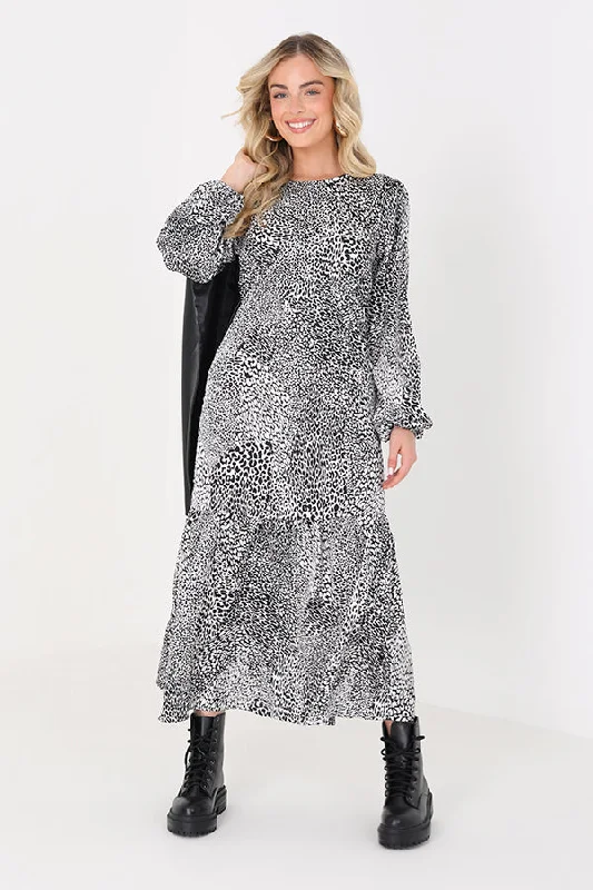 LONG SLEEVE SATIN ABSTRACT ANIMAL PRINT MIDI DRESS Birthday midi dresses