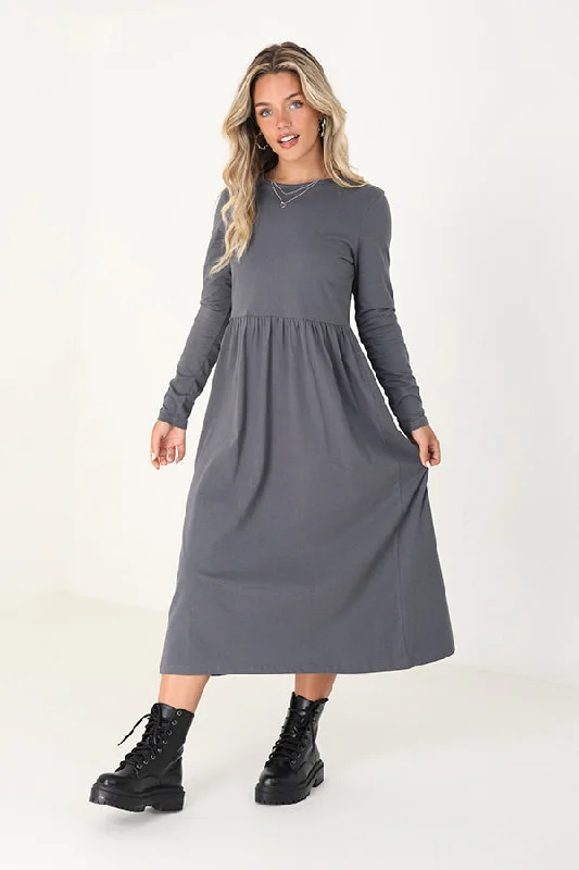 LONG SLEEVE SOLID COLOUR MIDI SMOCK DRESS Smocked midi dresses