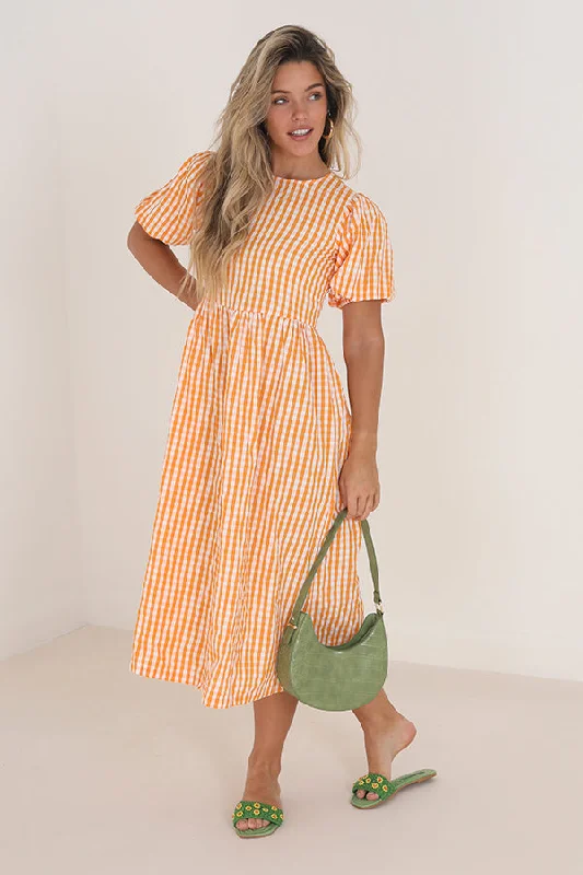 ORANGE GINGHAM PRINT MIDI LENGTH WOVEN DRESS Revolve midi dresses