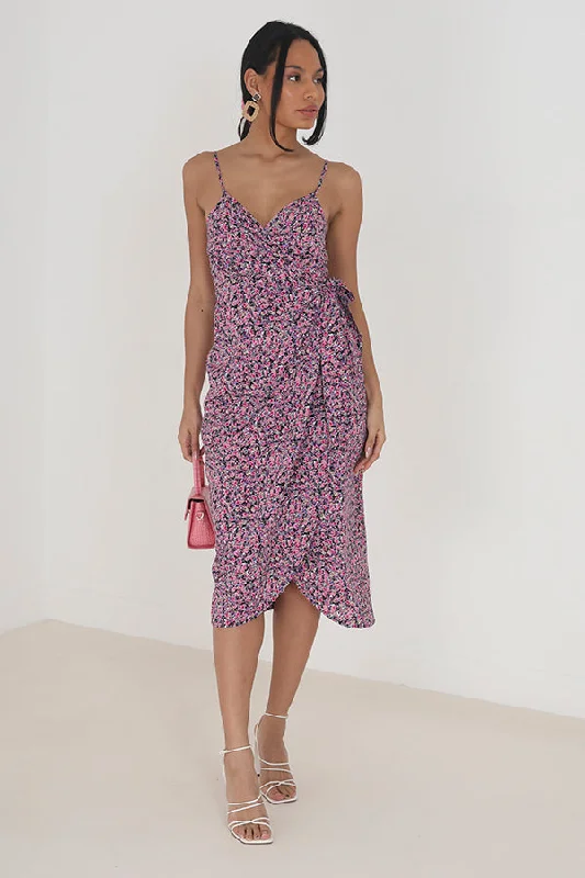 PINK FLORAL KNOT FRONT STRAPPY MIDI DRESS Beach midi dresses