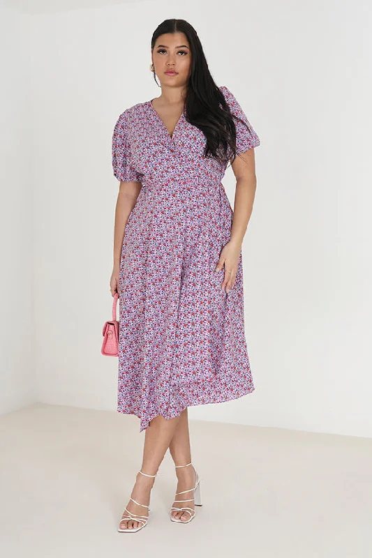 PINK FLORAL PLUS SIZE WRAP FRONT MIDI DRESS Street style midi dresses