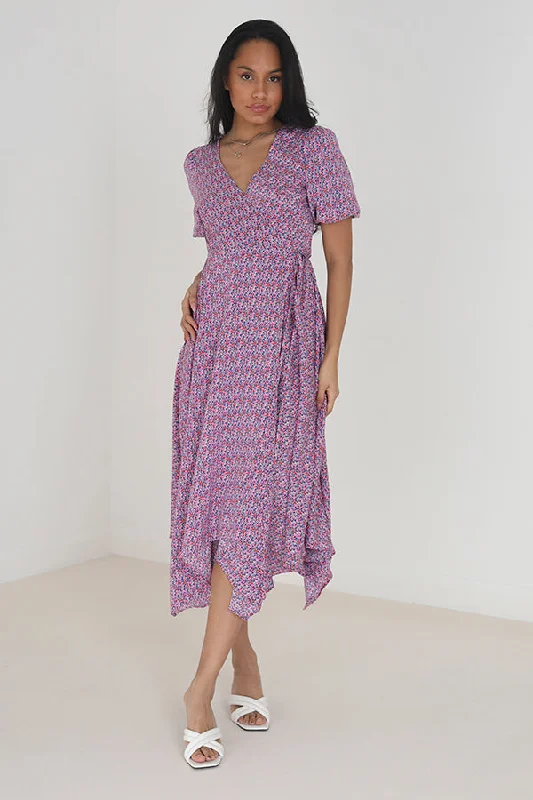 PINK FLORAL V-NECK WRAP MIDI DRESS PrettyLittleThing midi dresses