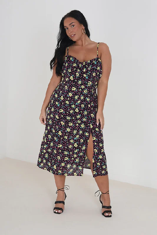 PLUS SIZE FLORAL STRAPPY MIDI DRESS WITH SIDE SPLIT Chic midi dresses