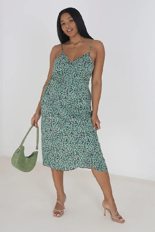 PLUS SIZE GREEN FLORAL KNOT FRONT STRAPPY MIDI DRESS Y2K midi dresses
