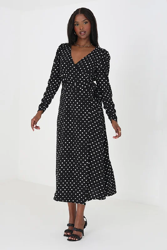 POLKA DOT LONG SLEEVED V-NECK MIDI DRESS A-line midi dresses