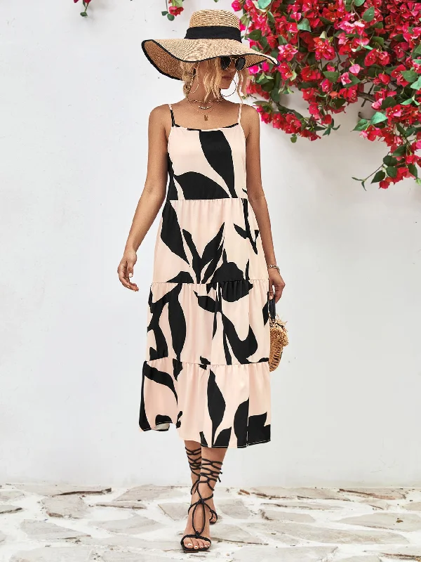 Printed Spaghetti Strap Tiered Midi Dress Long sleeve midi dresses