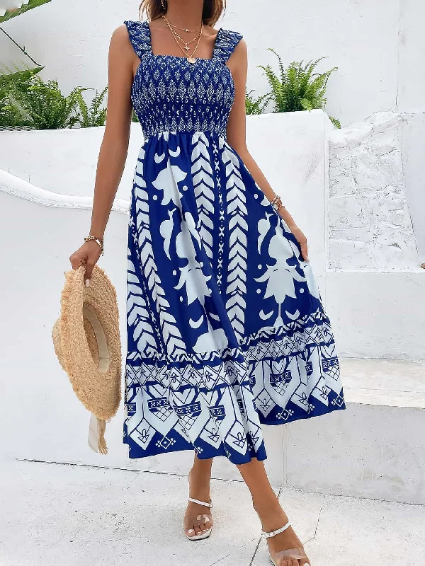 Printed Square Neck Sleeveless Midi Dress Casual midi dresses
