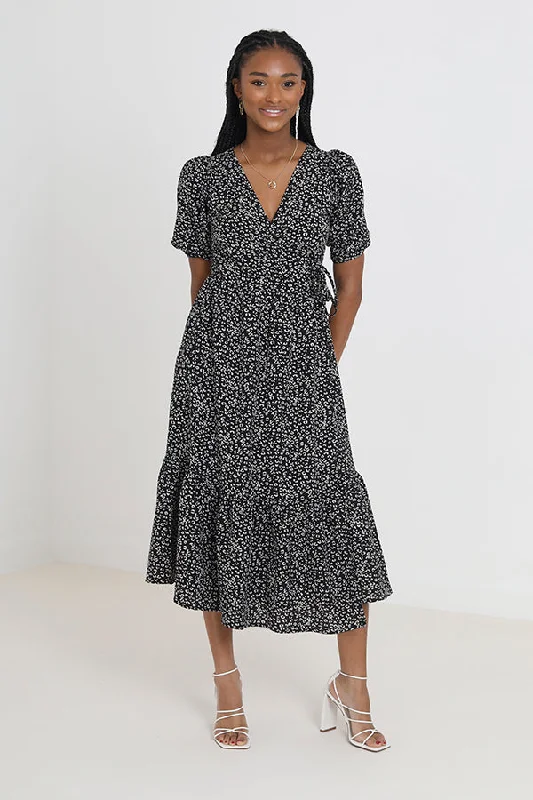 PRINTED V NECK WRAP STYLE TIERED MIDI DRESS Date night midi dresses