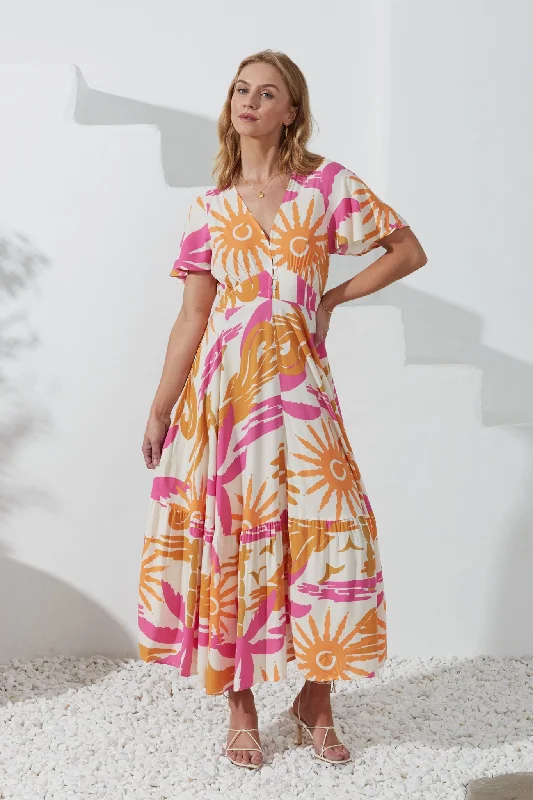 Tropicana Pink Orange Abstract V-Neck Midi Dress Lace midi dresses