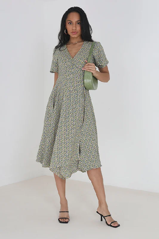 YELLOW FLORAL V-NECK WRAP MIDI DRESS Vacation midi dresses