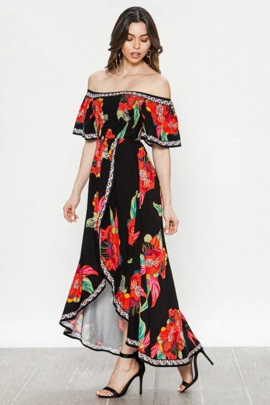 Black Smocked Strapless Floral Dress Best floral dresses for hourglass body shape